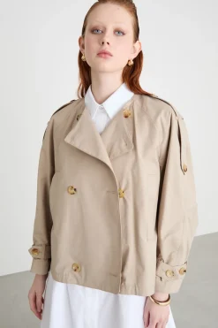 Trench girocollo in twill antigoccia - Beige