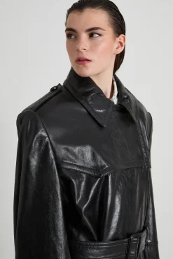 Trench in nappa con cintura - Nero
