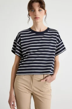 T-shirt boxy a spalla scesa - Blu Bianco
