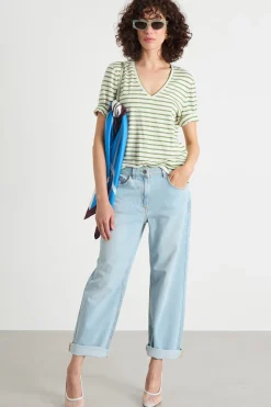 T-shirt con ampio scollo a V - Verde Bianco