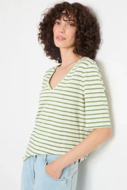 T-shirt con ampio scollo a V - Verde Bianco