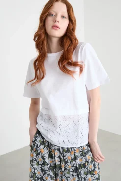 T-shirt con balza in sangallo - Bianco