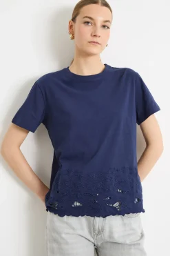 T-shirt con bordo ricamato - Blu