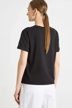 T-shirt con bordo ricamato - Nero
