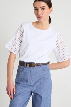 T-shirt con maniche corte in sangallo - Bianco