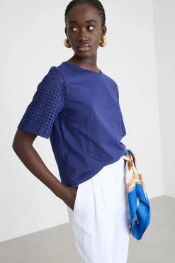 T-shirt con maniche corte in sangallo - Blu