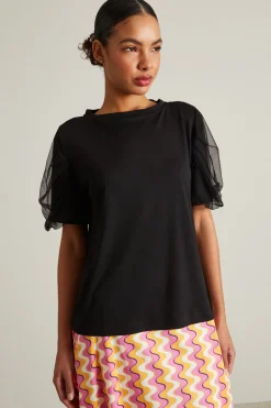 T-shirt con maniche in tulle - Nero