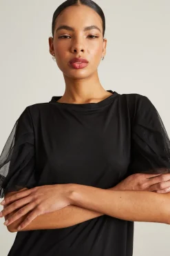 T-shirt con maniche in tulle - Nero
