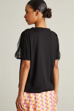 T-shirt con maniche in tulle - Nero