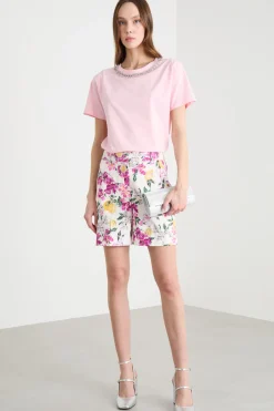 T-shirt con ricamo bijoux - Rosa