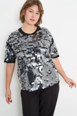 T-shirt con ricamo di paillettes trasparenti - Nero