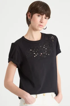T-shirt con ricamo sangallo - Nero