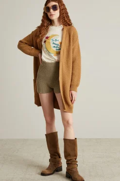 T-shirt con stampa e ricami - Beige