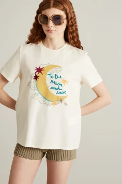 T-shirt con stampa e ricami - Beige