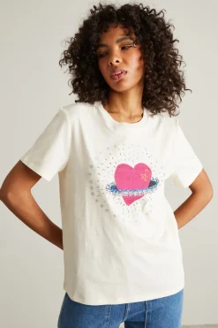 T-shirt con stampa e ricami - Bianco Rosa