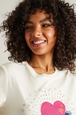 T-shirt con stampa e ricami - Bianco Rosa