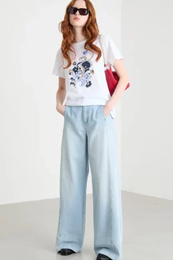 T-shirt con stampe e paillettes - Bianco Blu