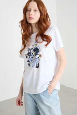 T-shirt con stampe e paillettes - Bianco Blu