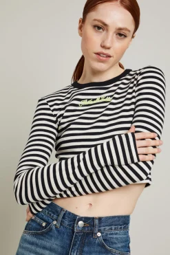 T-shirt cropped a righe - Nero Bianco