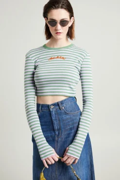 T-shirt cropped a righe - Verde Lilla