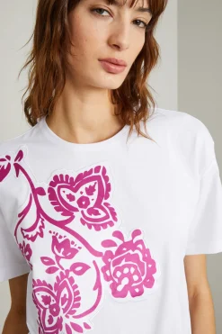 T-shirt di cotone stampata - Bianco Fuxia