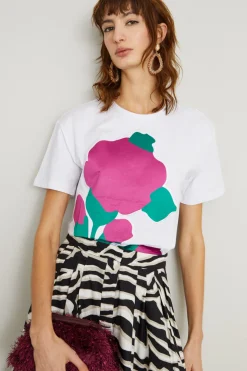 T-shirt di cotone stampata - Bianco Fuxia Verde