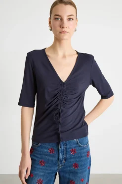 T-shirt fluida con drappeggio - Blu