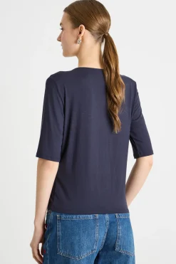 T-shirt fluida con drappeggio - Blu