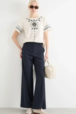 T-shirt girocollo con ricamo - Bianco Nero