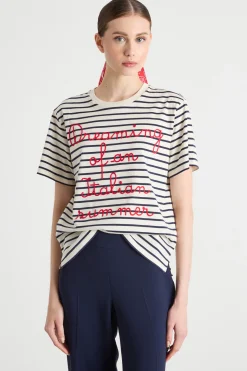 T-shirt girocollo con ricamo - Blu Bianco Rosso