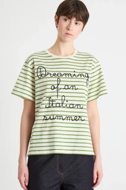 T-shirt girocollo con ricamo - Verde Bianco