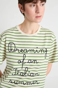T-shirt girocollo con ricamo - Verde Bianco