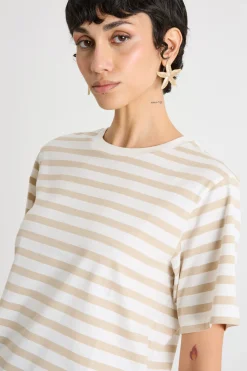 T-shirt girocollo con spacchetti - Beige Bianco
