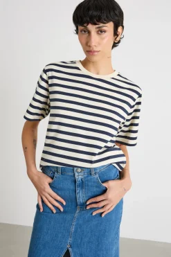 T-shirt girocollo con spacchetti - Blu Bianco