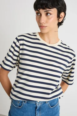 T-shirt girocollo con spacchetti - Blu Bianco