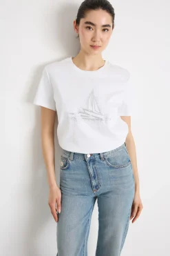 T-shirt girocollo in jersey ricamato - Bianco