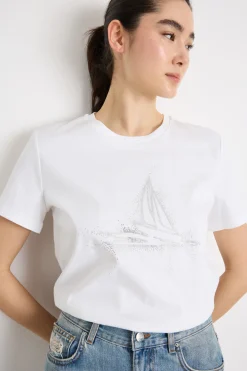 T-shirt girocollo in jersey ricamato - Bianco