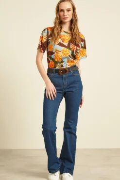 T-shirt in cotone - Marrone Arancione Azzurro