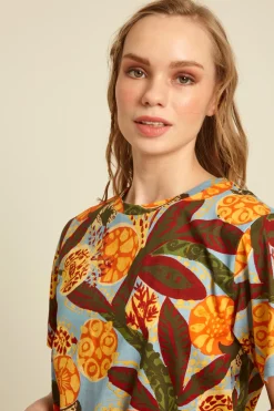 T-shirt in cotone - Marrone Arancione Azzurro