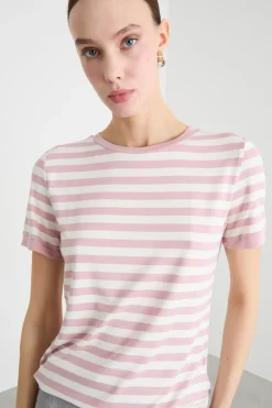 T-shirt in jersey a coste - Rosa Bianco