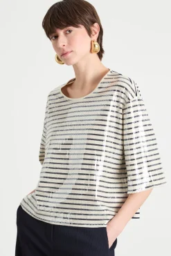 T-shirt in jersey con paillettes - Bianco Nero