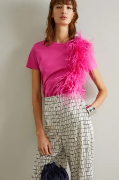 T-shirt in jersey con piume - Fuxia