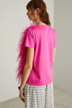 T-shirt in jersey con piume - Fuxia