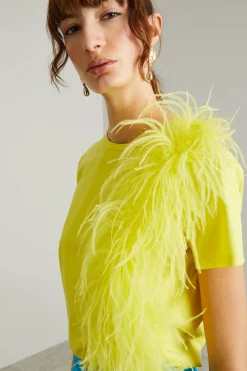 T-shirt in jersey con piume - Giallo Sole
