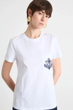 T-shirt in jersey con ricamo - Bianco Blu