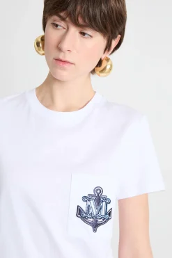 T-shirt in jersey con ricamo - Bianco Blu