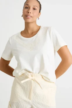 T-shirt in jersey con ricamo e stampa - Bianco