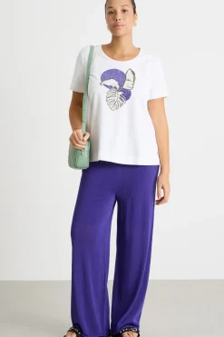 T-shirt in jersey con ricamo e stampa - Bianco Viola