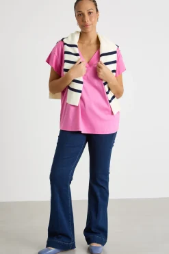 T-shirt in jersey con scollo a V - Rosa