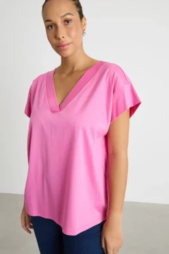 T-shirt in jersey con scollo a V - Rosa